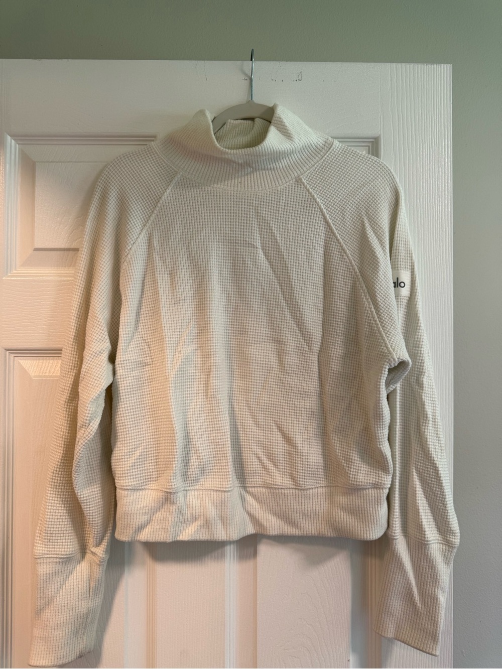ALO Yoga Cream Waffle-Knit Cowl Neck Sweater